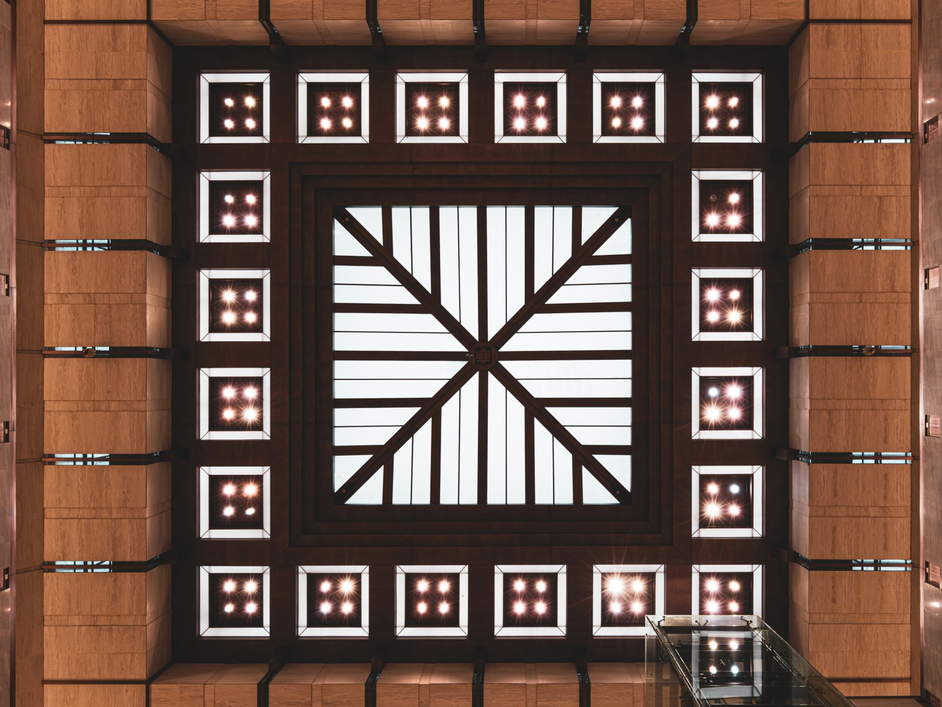 An overhead view of a building with a decorative ceiling